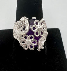 Ottoman Silver Bold Amethyst Wrapped Filigree Ring, Size 8