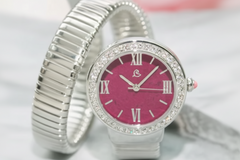 Colleen Lopez Round Pink Rhodonite Dial Coil Wrap Bracelet Watch