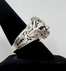 Ottoman Silver Bold Amethyst Wrapped Filigree Ring, Size 8