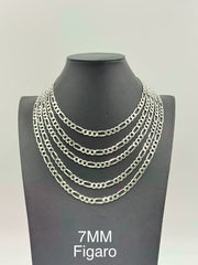 Sterling Silver, 925 Figaro Chain Necklace, 22" 7mm