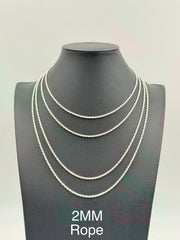 Sterling Silver, 925 Rope Chain Necklace, 16" 2mm
