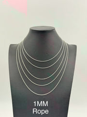 Sterling Silver, 925 Rope Chain Necklace, 18" 1mm