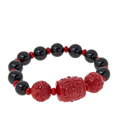 Kwan Collections Carved Coral and Onyx Bead Stretch Bracelet, 7-1/4"
