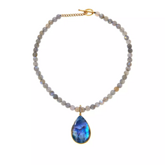 Collar de plata de ley con cuentas de labradorita multicolor revestidas de oro, 45,7 cm