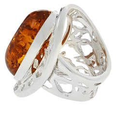 Amber Extraordinaire Sterling Silver Open Work Cocktail Ring Size 5