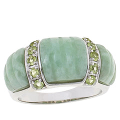 Jade of Yesteryear Sterling Silver Carved Jade & Peridot Band Ring. Size 8