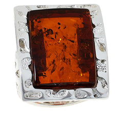 Amber Extraordinaire Sterling Silver Cognac Amber Rectangle Ring, Size 5