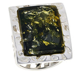 Amber Extraordinaire Sterling Silver Green Amber Rectangle Ring, Size 5