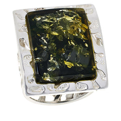 Amber Extraordinaire Sterling Silver Green Amber Rectangle Ring, Size 5