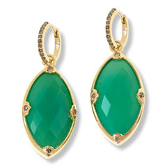 Pendientes colgantes de plata de ley con calcedonia verde revestida en oro y diamantes color champán, talla marquesa, 3,5 cm
