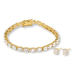 Absolute Sterling Silver Oval Stud Earrings & Tennis Bracelet Set, 8"