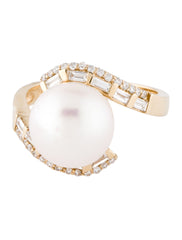 Effy 14K Yellow Gold 13mm Pearl & Diamond Cocktail Ring Size 8 0.76ctw