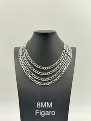 925 Sterling Silver Figaro Chain Necklace 8mm 20" Italy
