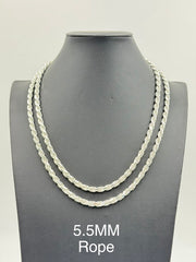 925 Sterling Silver Rope Chain Necklace 5.5mm 22" Italy