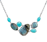 Organic Cut Labradorite and Amazonite Sterling Silver 18" Cluster Necklace