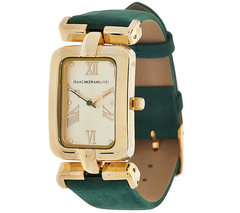 Isaac Mizrahi Live! Rectangle Gold Tone Case Watch with Green Suede Strap