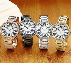 Bronze Pave' Crystal Bezel Round Panther Link Black Watch by Bronzo Italia