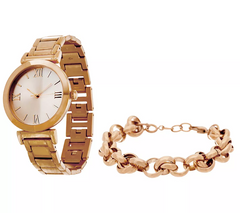 Rose Tone Stainless Steel Watch Set with Bracelet, Boxed