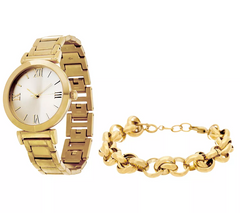 Gold Tone Stainless Steel Watch Set with Bracelet, Boxed