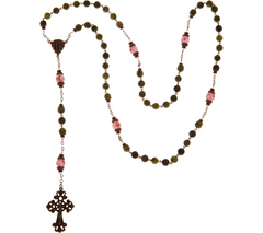 Connemara Marble Bronze Tone Rose Beaded Antiqued Rosary, 24"