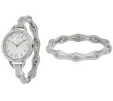 C. Wonder Bamboo Hinged Silver Tone Watch & Round Bangle Set Avg