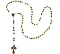Connemara Marble Bronzetone Green and Mint Green Beaded Antiqued Rosary, 24"