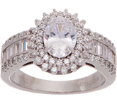 Diamonique Platinum Clad Oval Halo Ring with Baguette Band, Size 10