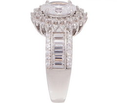 Diamonique Platinum Clad Oval Halo Ring with Baguette Band, Size 10