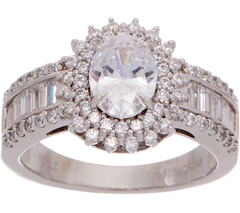 Diamonique Platinum Clad Oval Halo Ring with Baguette Band, Size 10