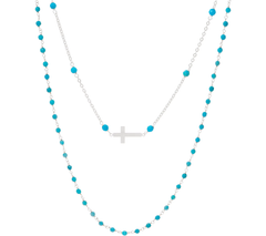 Italian Silver Cross Motif Caribbean Blue Gemstone Necklace Set