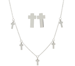 Steel by Design Dangle Bitty Cross Necklace and Stud Earring Set