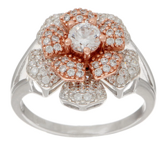 Diamonique Two- Tone Spinning Flower  Sterling Silver Ring, Size 10