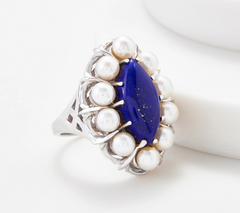 Sterling Silver Lapis & Cultured Pearl Gemstone Ring Size 10