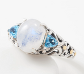 Artisan Crafted Sterling Silver Moonstone & Blue Topaz Three Stone Ring Size 5