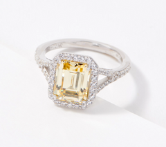 Diamonique Simulated Canary Emerald Cut Ring Sterling Silver Size 8