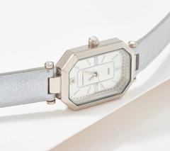 Isaac Mizrahi Live! Metallic Silver Leather Strap Octagon Watch