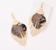 Susan Graver Faux Leather and Faux Sand Snakeskin Fringe Earrings