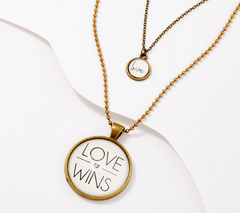 Vintage Sparrow Set of 2 Brass "Love: Love Wins" Pendant Necklaces 30"