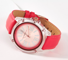 Isaac Mizrahi Live! Neon Pink Leather Strap Watch w/ Rose Tone Acetate Case