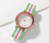 Isaac Mizrahi Live! Pink / Green Fabric Strap Stripe Sport Silver Tone Watch