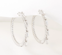 Diamonique Baguette Dangle 1" Sterling Silver Hoop Earrings
