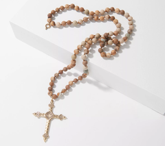Powerbeads by Jen Rosary Bead 36" Gemstone Necklace, Goldtone Cross
