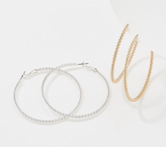 Attitudes by Renee Set of 2 Goldtone/Silvertone Beaded Hoop Earrings