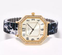 Isaac Mizrahi Live! Octagon Floral Black Printed Expansion Watch Large