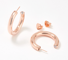 Diamonique Tell Me About It Sterling Silver Rose Stud High-Polish Hoops 1-1/4"