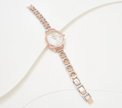 Isaac Mizrahi Live! Rose / Silver Bracelet Watch with Mother of Pearl Face