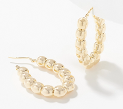 Italian Silver Beaded Elongated Oval Goldtone Hoop Earrings