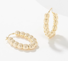 Italian Silver Beaded Elongated Oval Goldtone Hoop Earrings