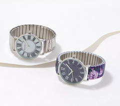 Isaac Mizrahi Live! Set of 2 Silver / Floral Expansion Watches Avg