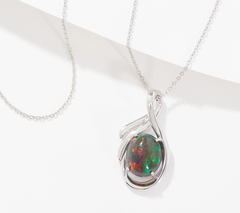 Affinity Gems Oval Black Opal Cabachon Necklace, Sterling Silver